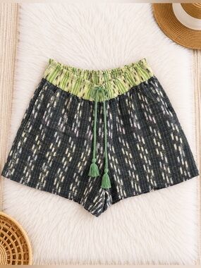 Aerie Shorts Ikat Tassel Drawstring Green Black Cotton NWT S